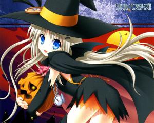 halloween anime, girl, blond, hat, pumpkin, smile wallpaper thumb