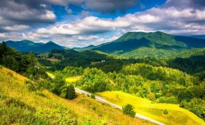 Landscape, Hills, Trees, Mountains, Green, Sky, Clouds, Scenery wallpaper thumb