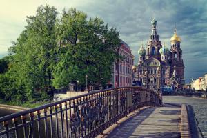st petersburg, russia, temple, the savior on the spilled blood, dome, bridge, clouds wallpaper thumb