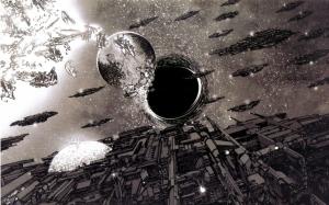 Black Hole Spaceships BW Drawing HD wallpaper thumb