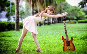 Girls, girls, guitars, posture, park, grass, wallpaper thumb