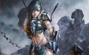 Art paintings, female soldier in the rain, fantasy girl wallpaper thumb
