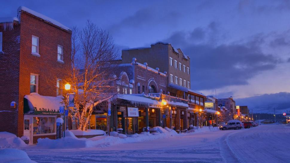 Downtown Truckee In Winter At Dawn wallpaper,lights HD wallpaper,stores HD wallpaper,winter HD wallpaper,cars HD wallpaper,dawn HD wallpaper,nature & landscapes HD wallpaper,1920x1080 wallpaper