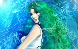 Green hair fantasy girl, water wallpaper thumb