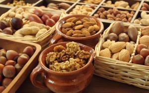Food, nuts, almond, walnut, acorn, basket, pots wallpaper thumb