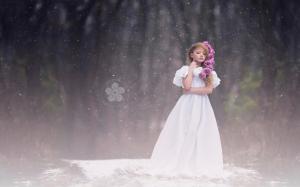 Cute little girl, white dress, snow wallpaper thumb