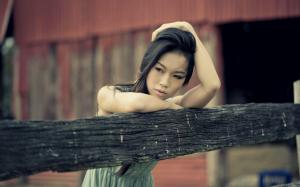 Sensual brunette in front of a barn wallpaper thumb