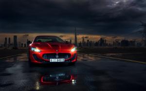 Maserati Granturismo red supercar front view, lights, Dubai wallpaper thumb