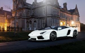 Lamborghini Aventador white supercar, night, house, lights wallpaper thumb