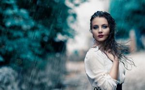 White dress girl in rain, wet wallpaper thumb