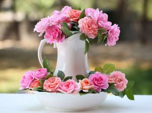 Vase, pink rose flowers, bokeh wallpaper thumb