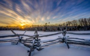 Winter morning, snow, fence, trees, sunrise wallpaper thumb
