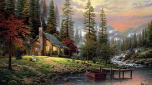 Thomas Kincaid, quiet forest, house, dog, landscape wallpaper thumb