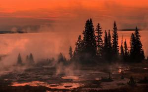 Lake, Sunrise, Mist, Nature, Yellowstone National Park, Trees, Puddles, Landscape wallpaper thumb