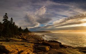 Coast, forest, rocks, sea, waves, sky, clouds, dusk wallpaper thumb