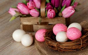 Easter, nest, eggs, pink, white, tulip flowers, basket wallpaper thumb
