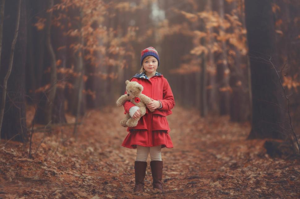 Girl in forest with teddy bear wallpaper,girl HD wallpaper,forest HD wallpaper,Autumn HD wallpaper,toy HD wallpaper,Teddy Bear HD wallpaper,2048x1365 wallpaper