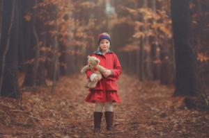 Girl in forest with teddy bear wallpaper thumb