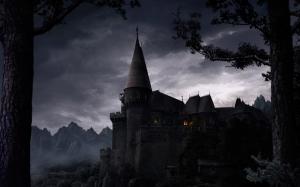 Castle, Fantasy, Mountains, Trees, Lights, Dark wallpaper thumb