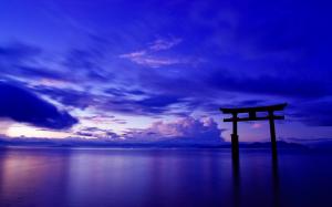 Japan, ocean, sky, clouds, gate, torii, dusk wallpaper thumb