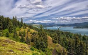 Coeur d'Alene Lake, forest, trees, mountains, clouds wallpaper thumb