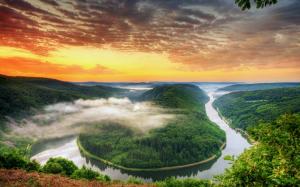 Germany scenery, Saarland, the river bend, mountains, sunset, orange sky, clouds wallpaper thumb