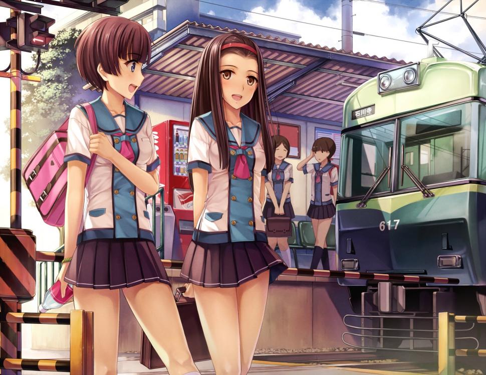Anime Girls, School Uniform, Train, Railway Crossing wallpaper,anime girls wallpaper,school uniform wallpaper,train wallpaper,railway crossing wallpaper,1750x1350 wallpaper,1750x1350 wallpaper