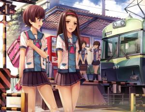 Anime Girls, School Uniform, Train, Railway Crossing wallpaper thumb
