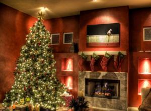 christmas tree, gifts, garlands, fireplace, stockings, holiday, christmas wallpaper thumb
