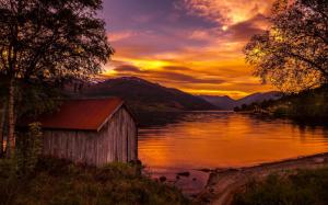 Norway, nature landscape, lake, sunset, trees, wood house wallpaper thumb