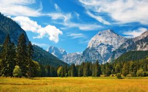 Alpes, mountains, blue sky, clouds, grass, forest, autumn wallpaper thumb