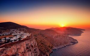Mountains, houses, sunrise, sea, Greece wallpaper thumb