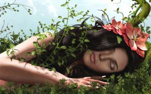 3D fantasy girl, hair, flowers, grass, butterfly wallpaper thumb