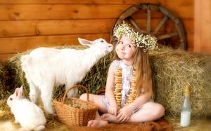 Joy cute girl, wreath, goat, rabbit, basket, eggs wallpaper thumb