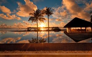 Tropical ocean scenery, palm tree, house, dusk wallpaper thumb