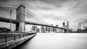 Brooklyn Bridge Bridge Buildings Skyscrapers New York River BW HD wallpaper thumb