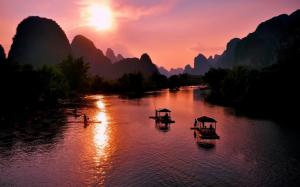 Beautiful Yangshuo landscape, Guilin, China, sunset, mountains, river, boats wallpaper thumb