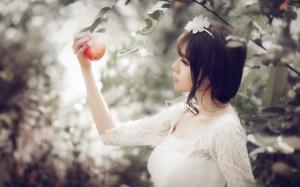 White dress girl, asian, catch apple wallpaper thumb