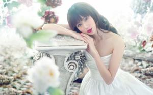 White dress Asian girl, red lip, posture, flowers wallpaper thumb