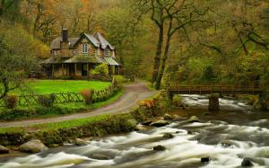House, river, forest, park, trees, bridge, spring wallpaper thumb