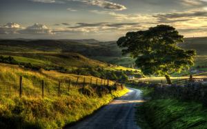 Countryside nature scenery, fence, hills, road, trees wallpaper thumb