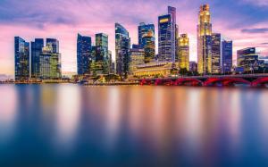 Beautiful city, Singapore, evening, lights, skyscrapers, bridge, bay wallpaper thumb