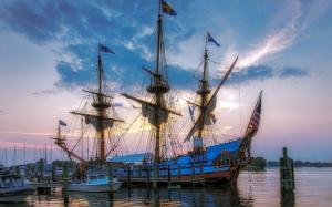 Dock, sea, ship, masts, sails, cordage, flag, sky, clouds wallpaper thumb