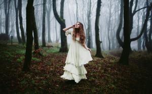 Forest, white dress girl, morning fog wallpaper thumb