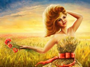 Art drawing, smile girl in summer, wheat field wallpaper thumb