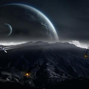 Fantasy, Airplanes, Planets, Mountains, Fires, Dark Background wallpaper thumb