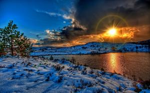 Winter landscape, sunset, snow, river, sky, clouds, white, shadow wallpaper thumb
