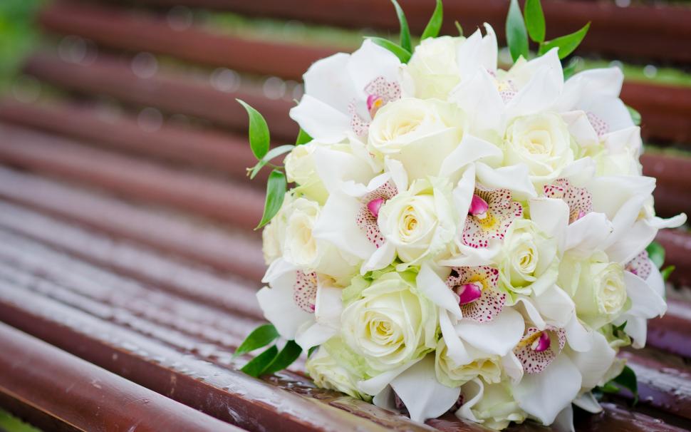 Bouquet flowers, white rose, orchids, bench wallpaper,Bouquet HD wallpaper,Flowers HD wallpaper,White HD wallpaper,Rose HD wallpaper,Orchids HD wallpaper,Bench HD wallpaper,2560x1600 wallpaper